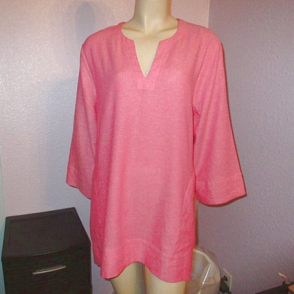 Lands End Linen Blend Blouse Top Size L Pockets Oversized Tunic Coastal Resort